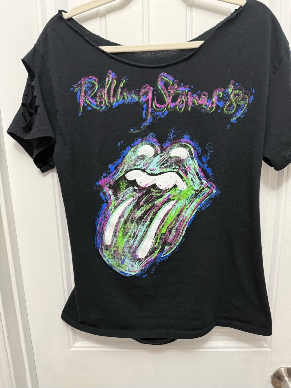 Custom Ripped Cut Distressed Tshirt Rolling Stones Size Large Rock Grunge(38-10)